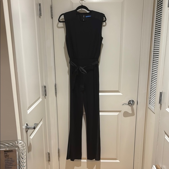 J. McLaughlin Pants - J. McLaughlin Classic Black Sleeveless Jumpsuit with Waist Tie and tuxedo stripe